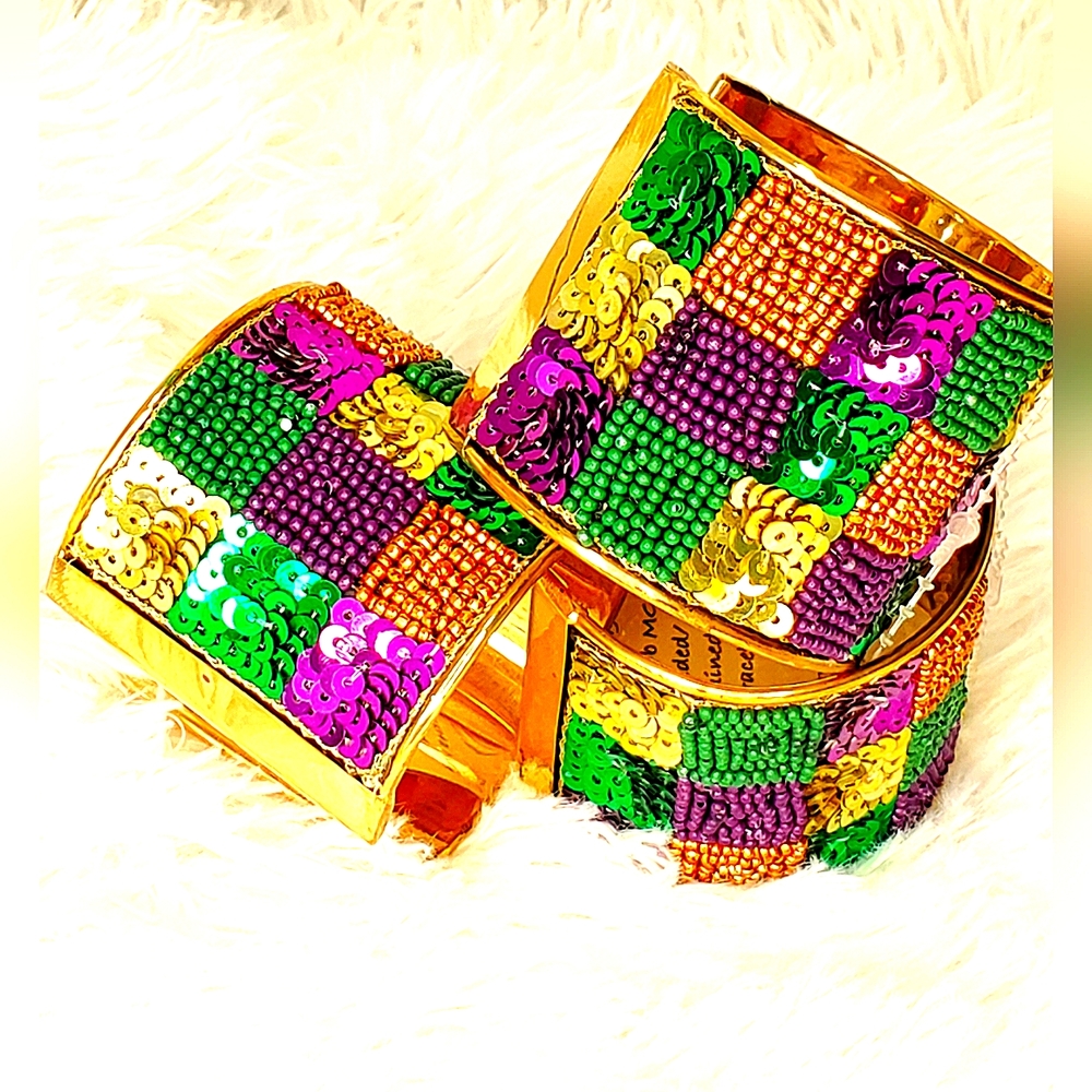 Mardi Gras sequined/seed bead cuff bracelet